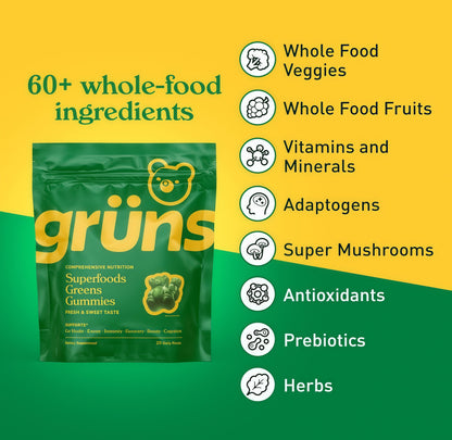 Gruns Sugar-Free Super GreensGummies, Multivitamin SuperfoodGummy Bears, Spirulina, Chlorella,Prebiotics & Fiber gummies forDigestive Health, AdaptogensSupplement, 20 Vitamins & Minerals, 10pack