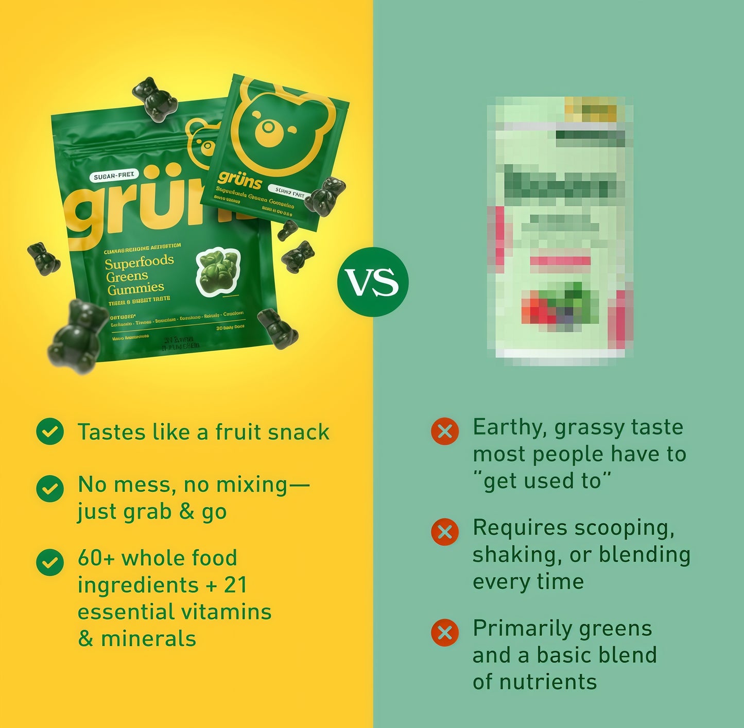Gruns Sugar-Free Super GreensGummies, Multivitamin SuperfoodGummy Bears, Spirulina, Chlorella,Prebiotics & Fiber gummies forDigestive Health, AdaptogensSupplement, 20 Vitamins & Minerals, 10pack