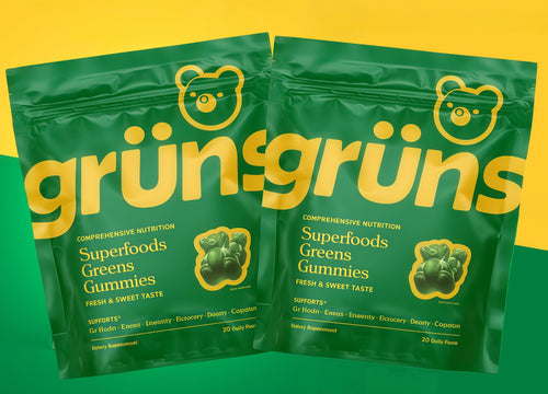 Gruns Sugar-Free Super GreensGummies, Multivitamin SuperfoodGummy Bears, Spirulina, Chlorella,Prebiotics & Fiber gummies forDigestive Health, AdaptogensSupplement, 20 Vitamins & Minerals, 10pack
